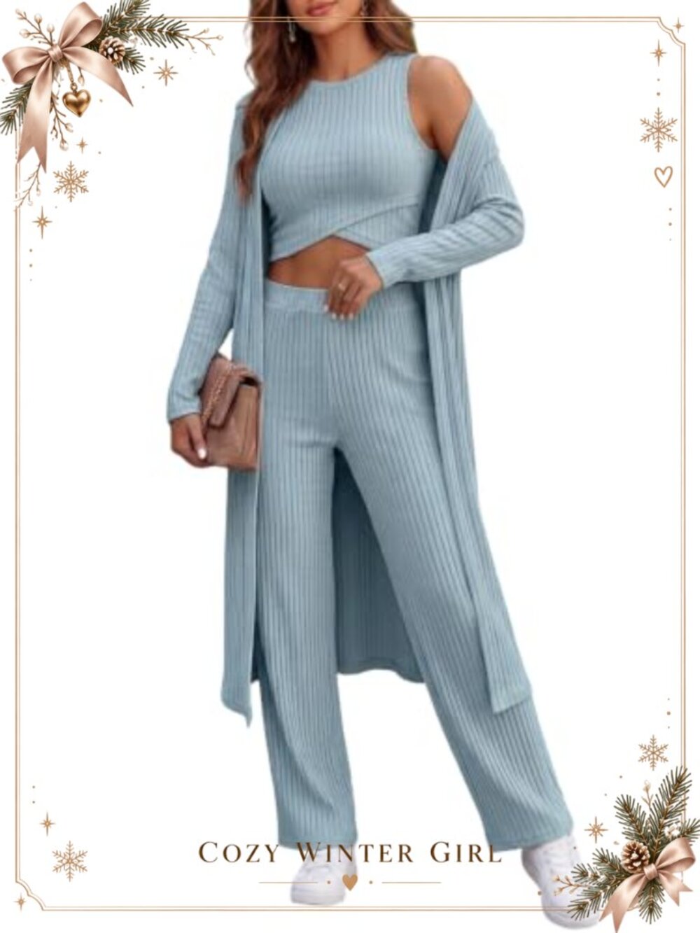 Ribbed Knit 3 Piece Lounge Set Crop Tank Wide Leg Pants Cardigan